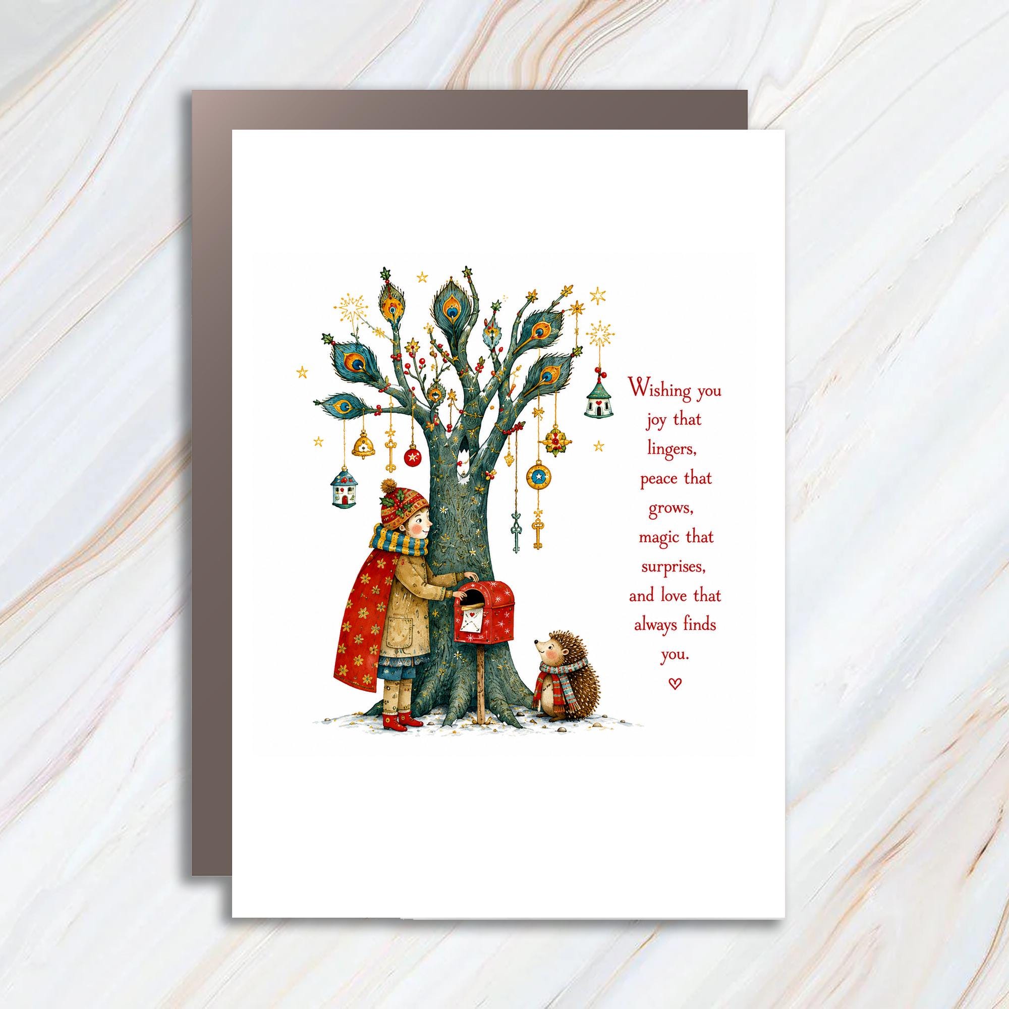 Wishing You Joy That Lingers Christmas Card Winter Scene Child Hedgehog Holiday Greeting Card Peace Love Magic C1385