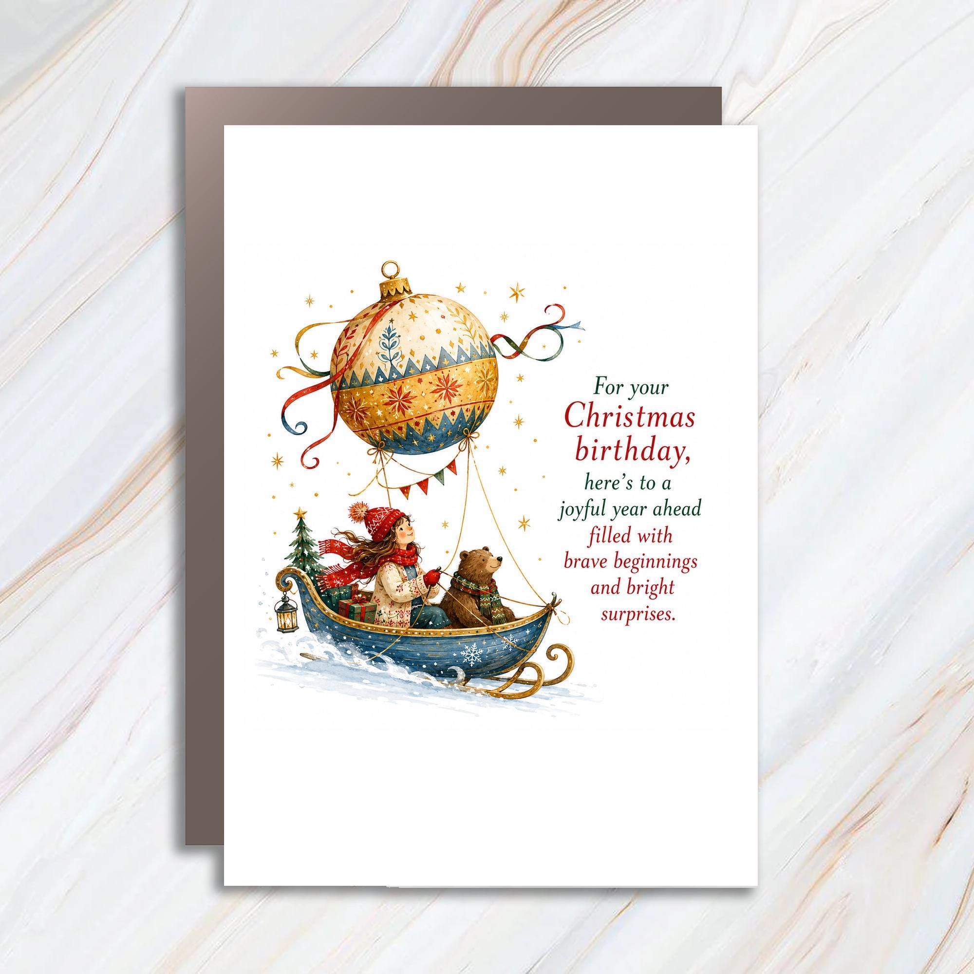 For Your Christmas Birthday Joyful Year Ahead Card Holiday Greeting Card Winter Scene Cute Bear Girl Festive C1365