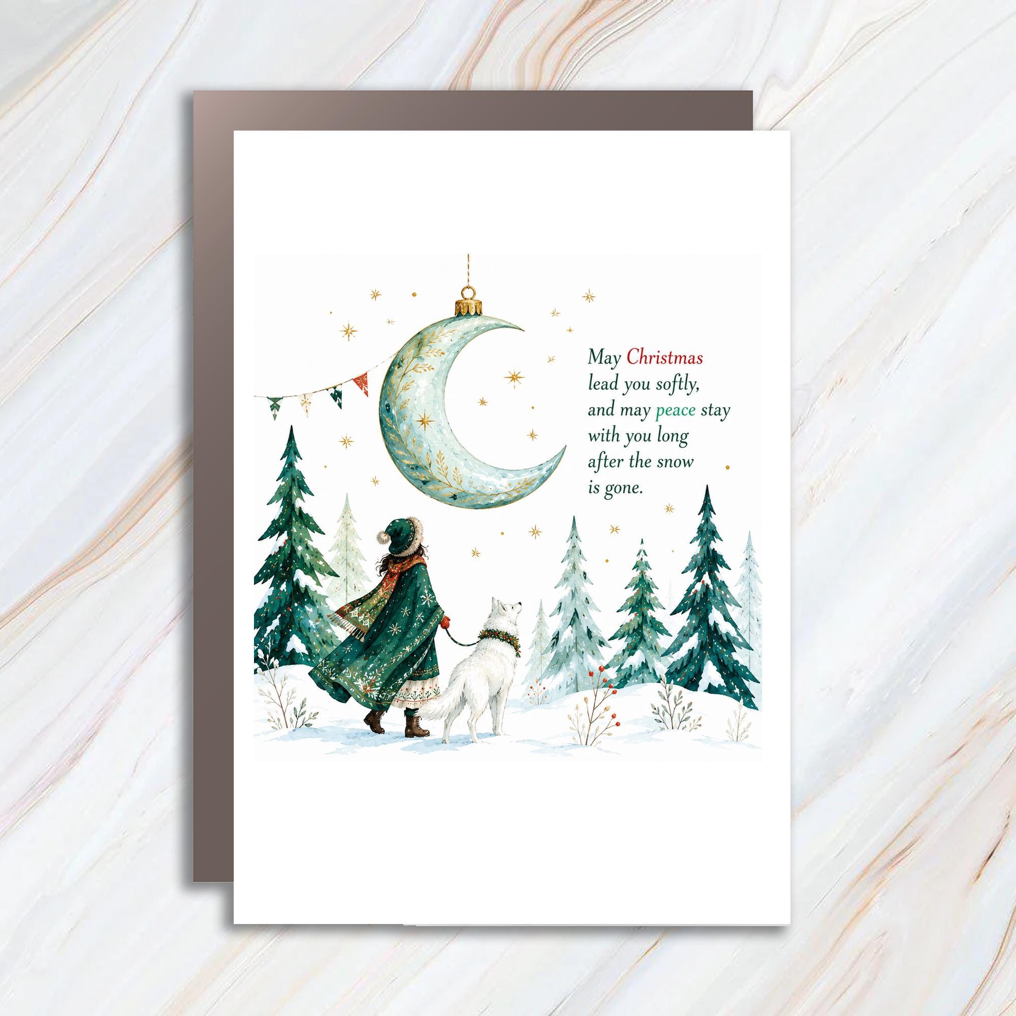 May Christmas Lead You Softly Christmas Card Peaceful Holiday Greeting Winter Scene Woman Dog Snowy Trees C1366
