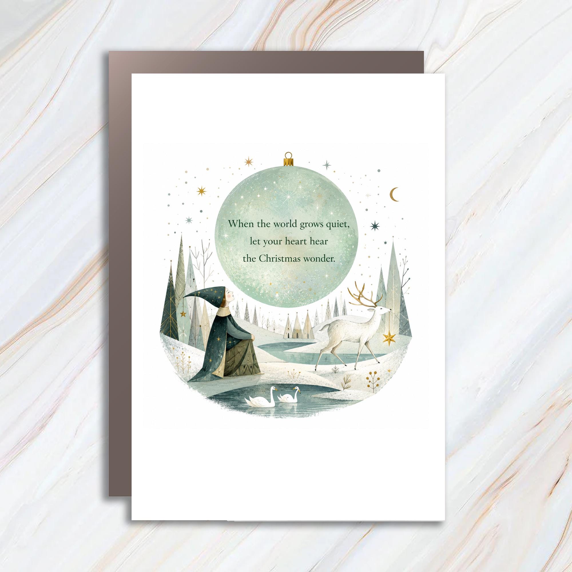 When The World Grows Quiet Christmas Card Winter Scene With Deer And Swans Holiday Greeting Card Magical Christmas Card C1371