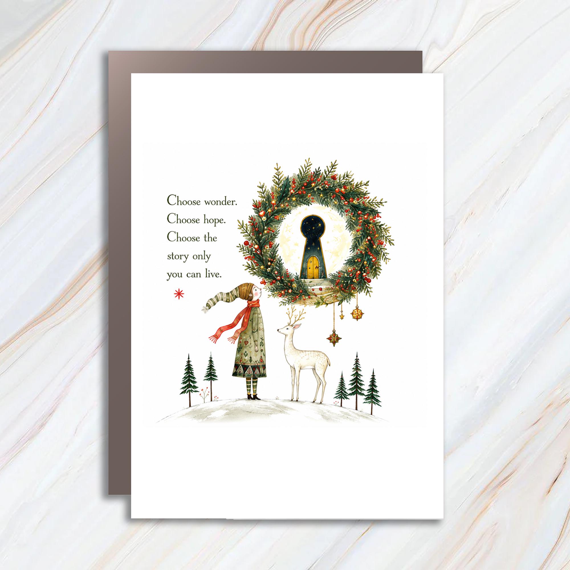 Choose Wonder Choose Hope Inspirational Christmas Card Girl Deer Wreath Holiday Greeting Card Winter Scene C1386