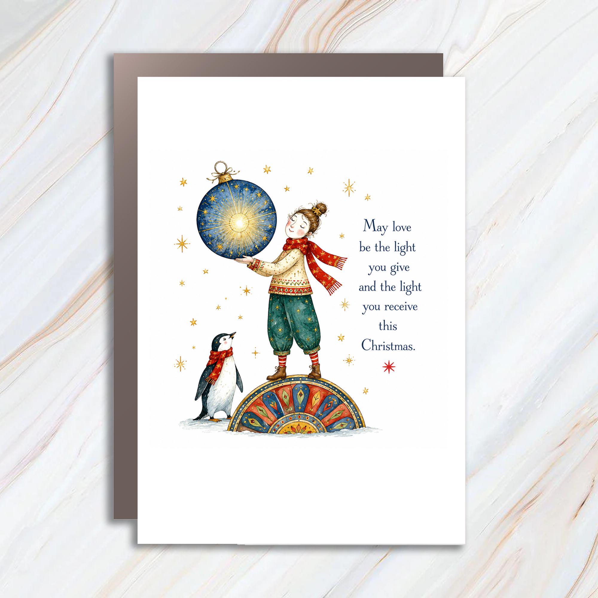 May Love Be The Light You Give Christmas Card Holiday Greeting Card Festive Winter Scene For Family Friends Cute Penguin C1389