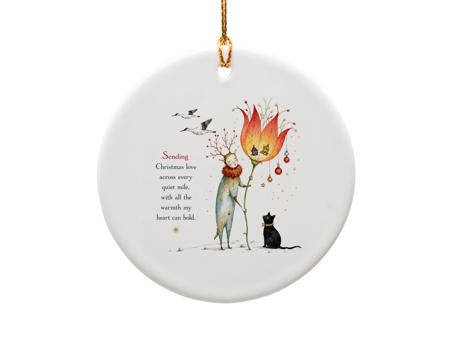 Sending Christmas Love Ornament Whimsical Holiday Decor Cute Reindeer Cat Art Festive Christmas Tree Decoration Gift O1390