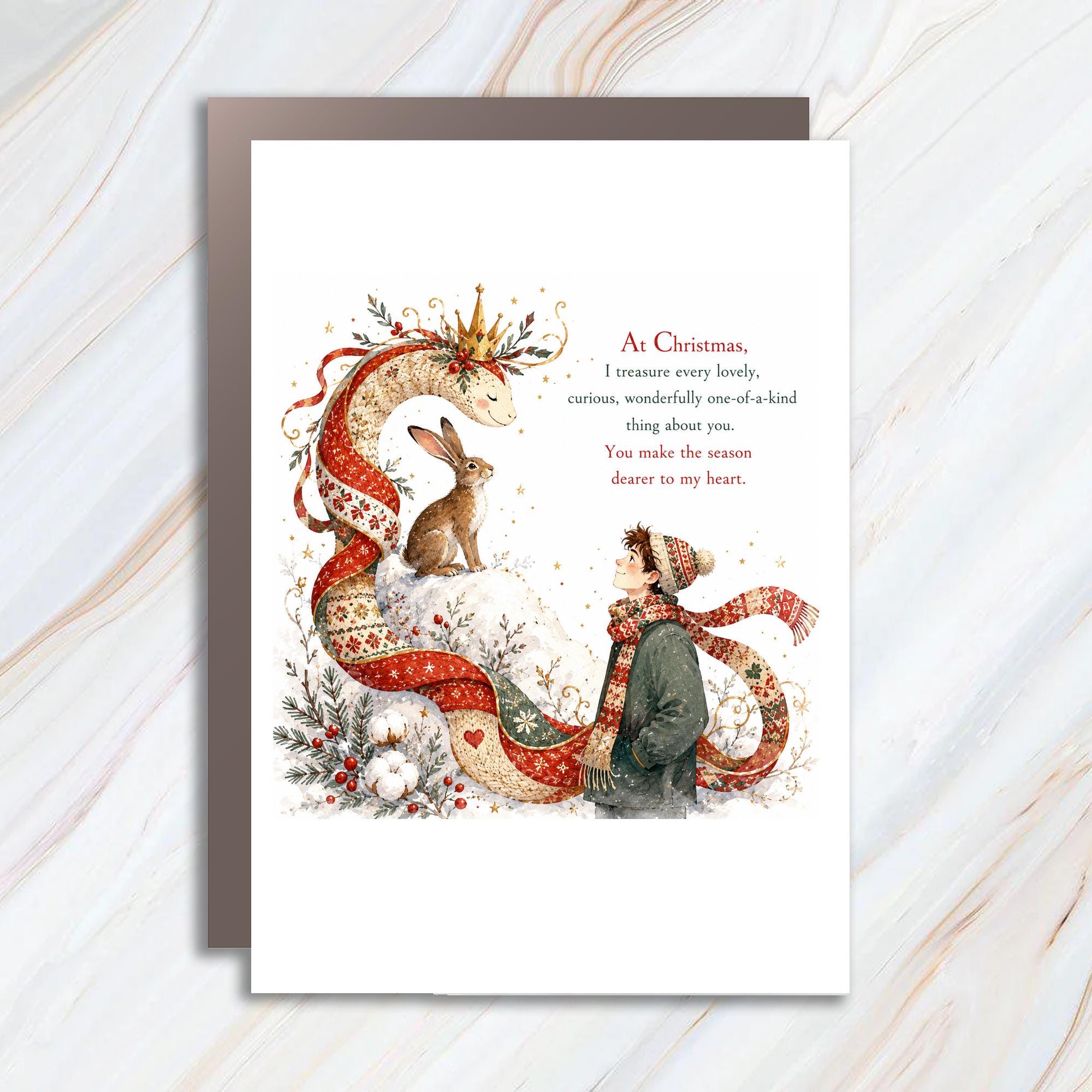 At Christmas, I Treasure Every Lovely Thing About You Christmas Card Festive Holiday Greeting Card For Loved One Cute Animal Desig C1378