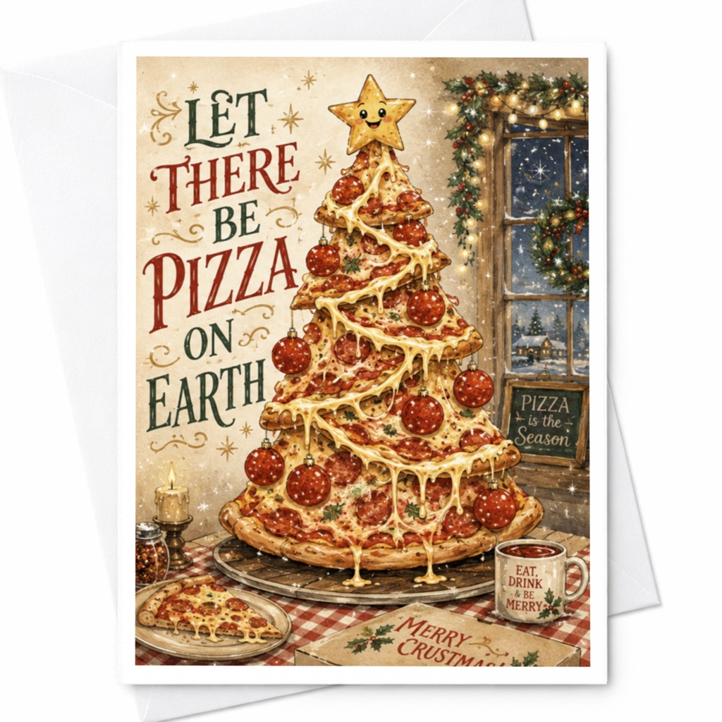 Let There Be Pizza On Earth Funny Christmas Card Pizza Lovers Holiday Greeting Card Cute Festive Foodie Card For Friends Family C6143