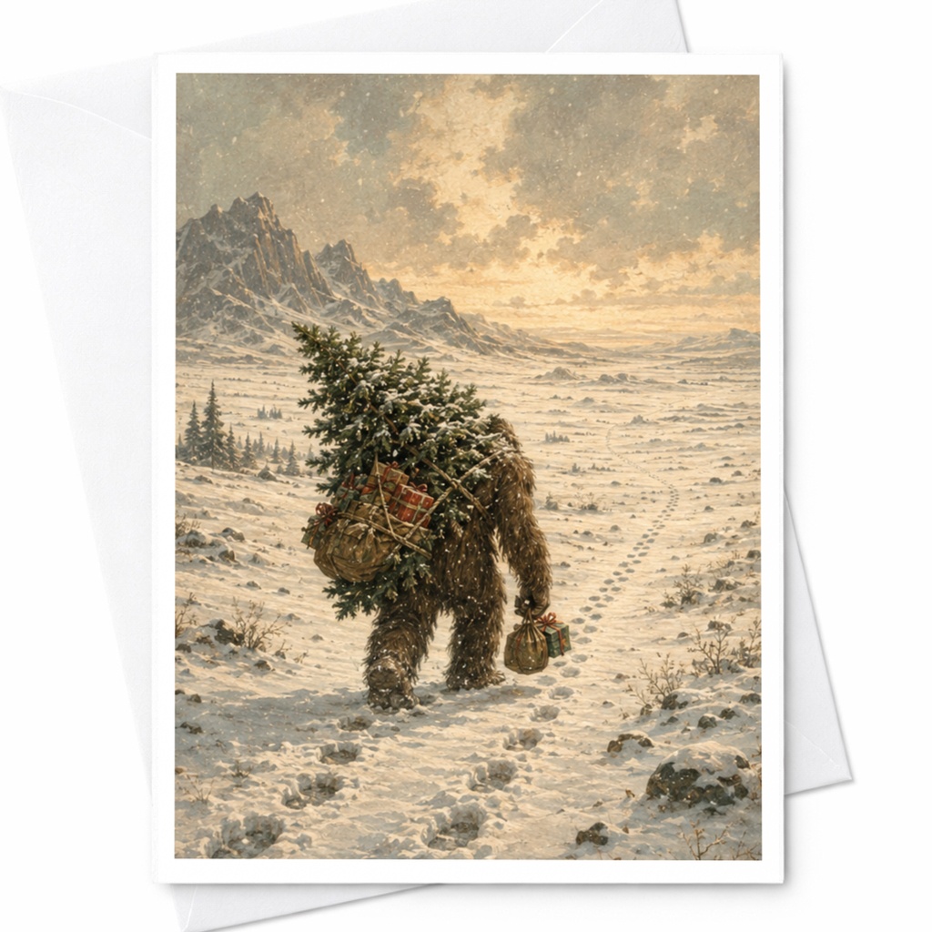 Bigfoot Christmas Card Winter Scene Holiday Greeting Card For Him Funny Sasquatch Card Snowy Landscape Christmas Tree Gifts C6144