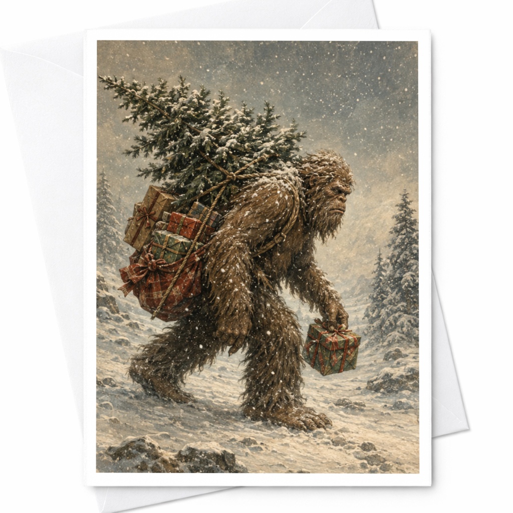 Bigfoot Christmas Card Winter Holiday Greeting Card For Him Funny Sasquatch With Gifts Snowy Scene Cute Christmas Card C6145