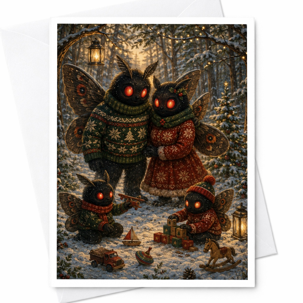 Moth Family Christmas Card Cute Winter Scene Greeting Card For Family Holiday Card Woodland Animal Lover Festive Card C6147
