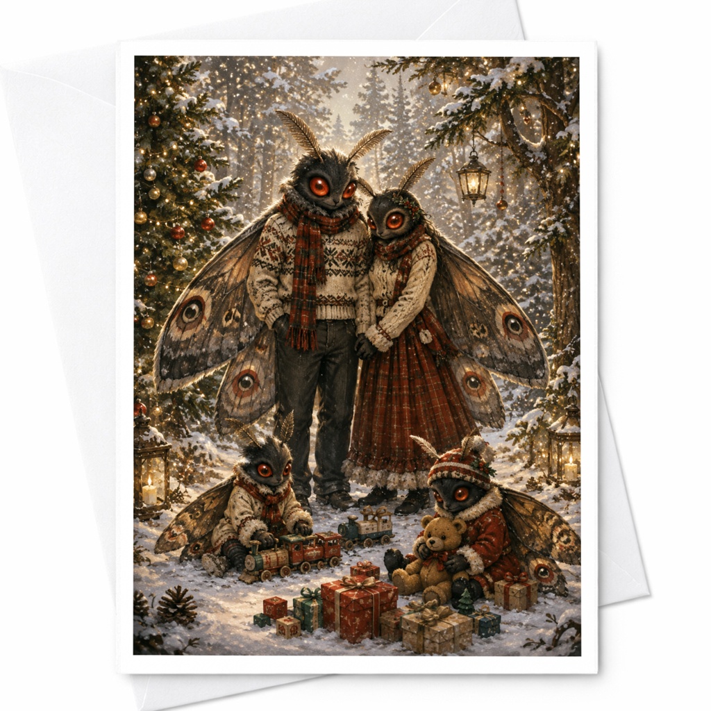Moth Family Christmas Card Winter Scene Cute Holiday Greeting Card For Family Cozy Woodland Illustration Festive Card C6148