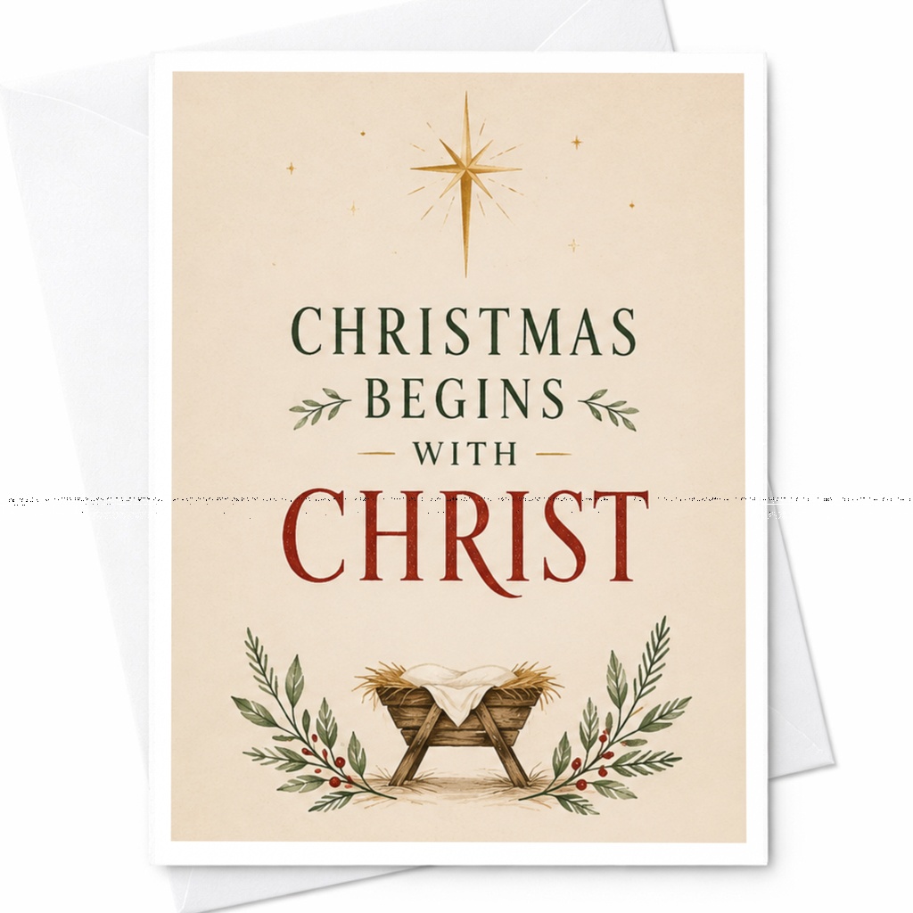 Christmas Begins With Christ Religious Christmas Card Manger Scene Holiday Greeting Card Christian Faith Card For Family C6156