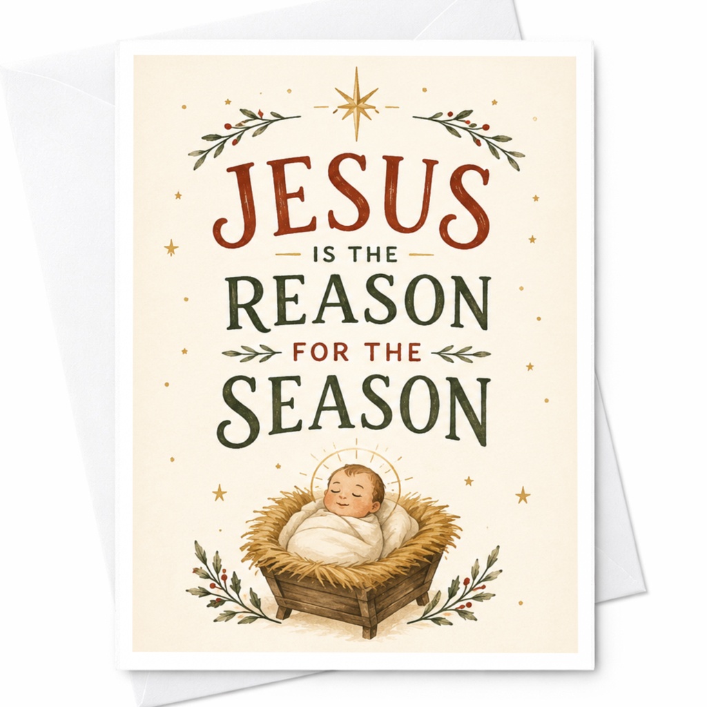 Jesus Is The Reason For The Season Christmas Card Baby Jesus Manger Religious Holiday Card Christian Greeting Card C6158