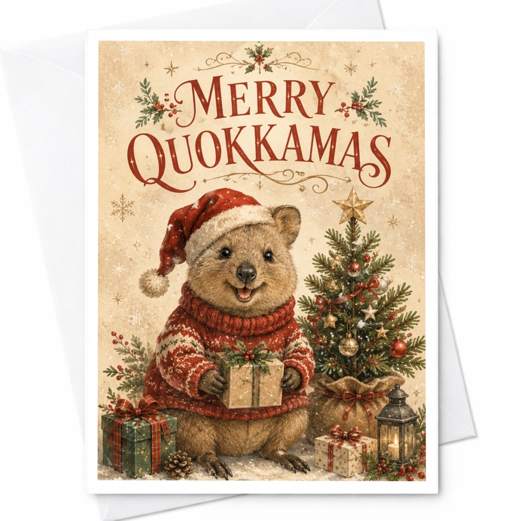 Merry Quokkamas Christmas Card Cute Quokka Holiday Greeting Card Animal Lover Festive Card With Gifts And Tree C6160
