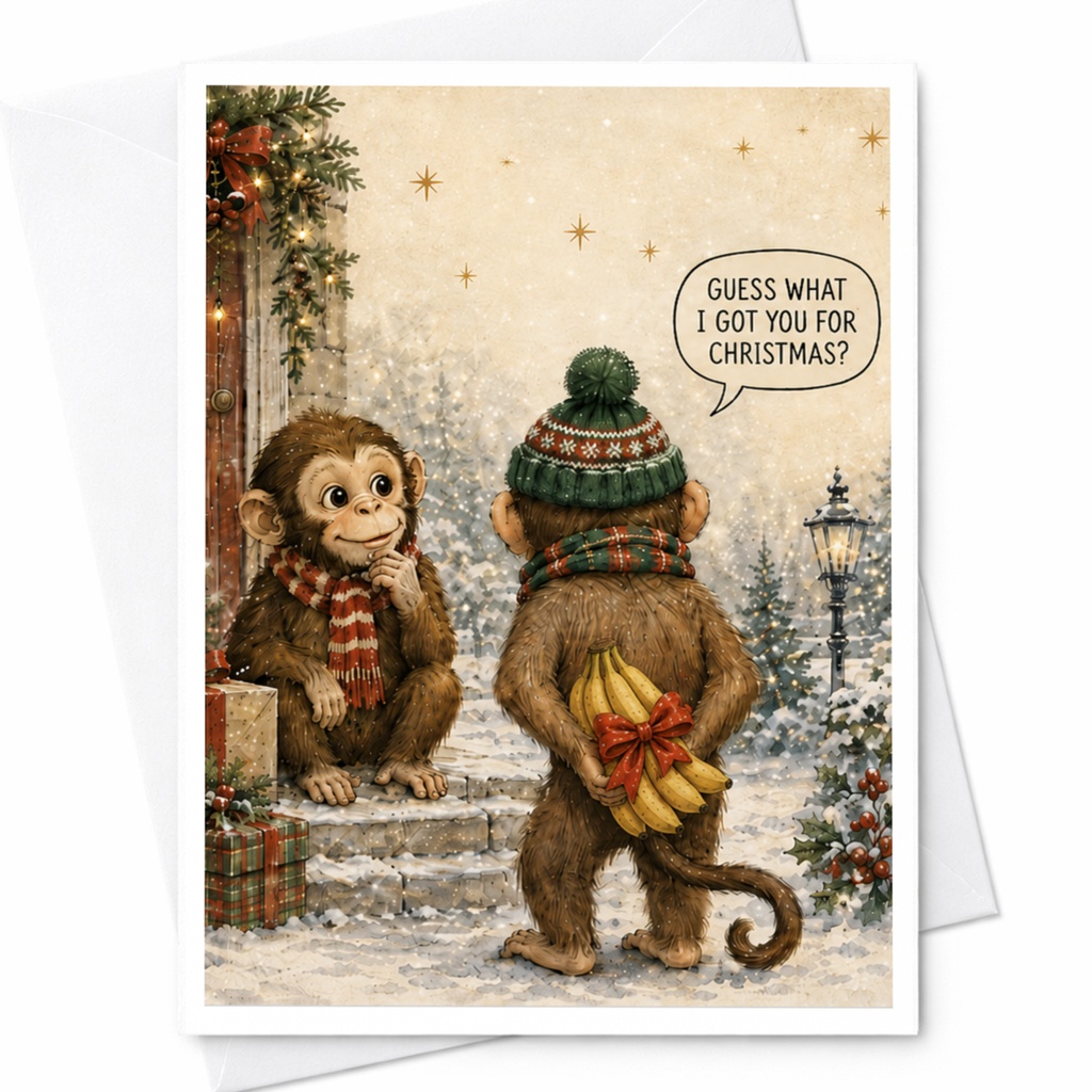 Guess What I Got You For Christmas? Funny Christmas Card Monkeys With Gifts Holiday Greeting Card Cute Animal Christmas Card C6163
