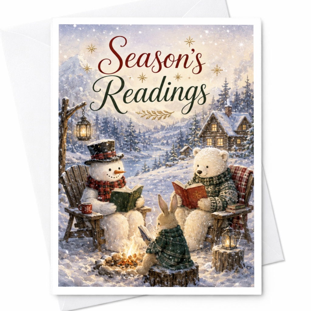 Season's Readings Christmas Card Cute Snowman Bear Winter Scene Holiday Greeting Card For Book Lovers Cozy Festive C6172