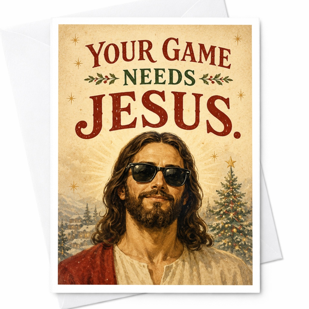 Your Game Needs Jesus. Funny Christmas Card Jesus With Sunglasses Holiday Greeting Card For Friends Religious C6177