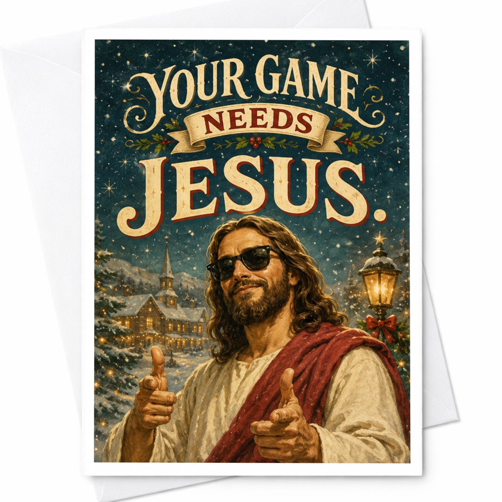 Your Game Needs Jesus. Funny Christmas Card Jesus With Sunglasses Holiday Religious Greeting Card For Friends Family C6178