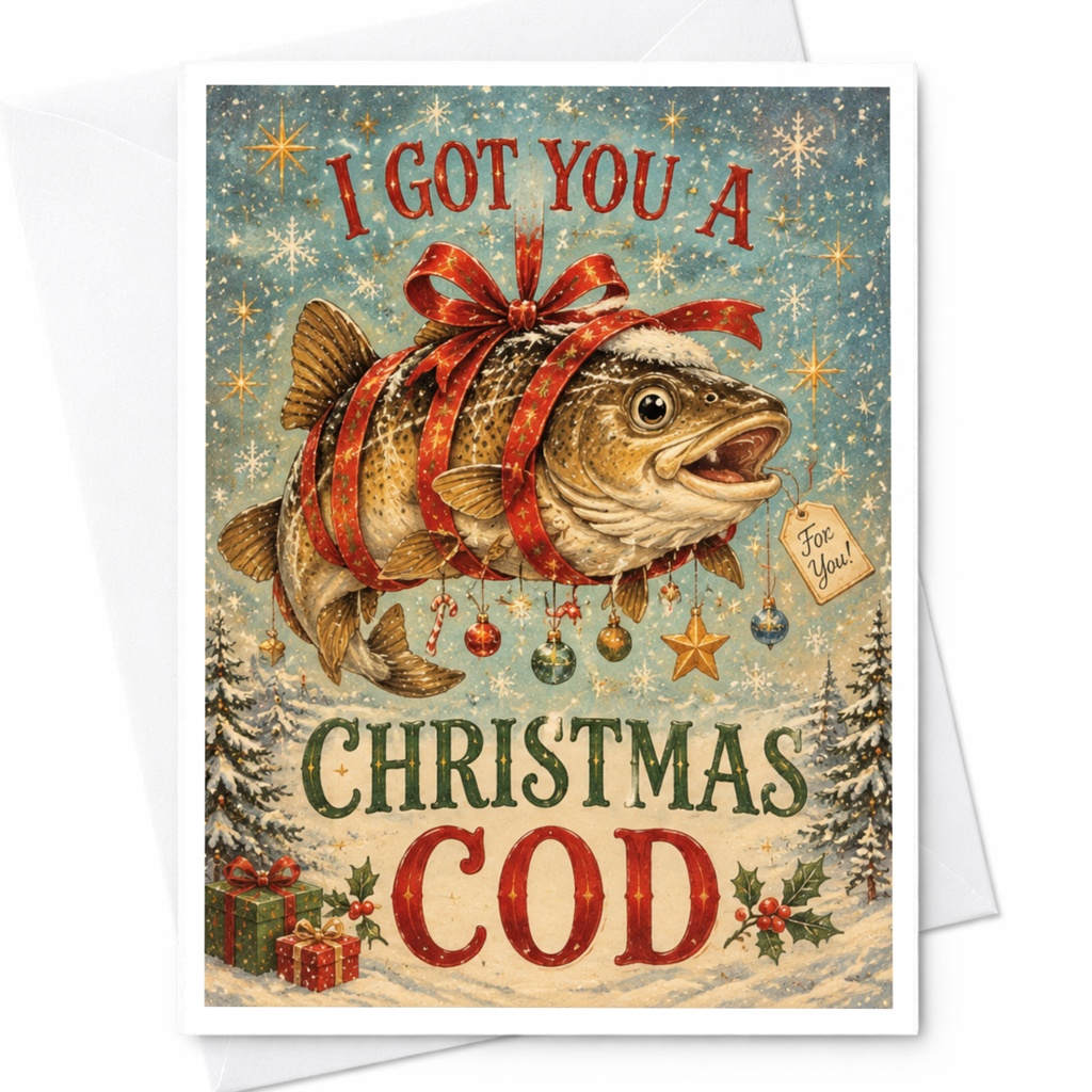 I Got You A Christmas Cod Funny Christmas Card Fish Wrapped With Ribbon Holiday Greeting Card For Him Her Cute Festive Card C6192