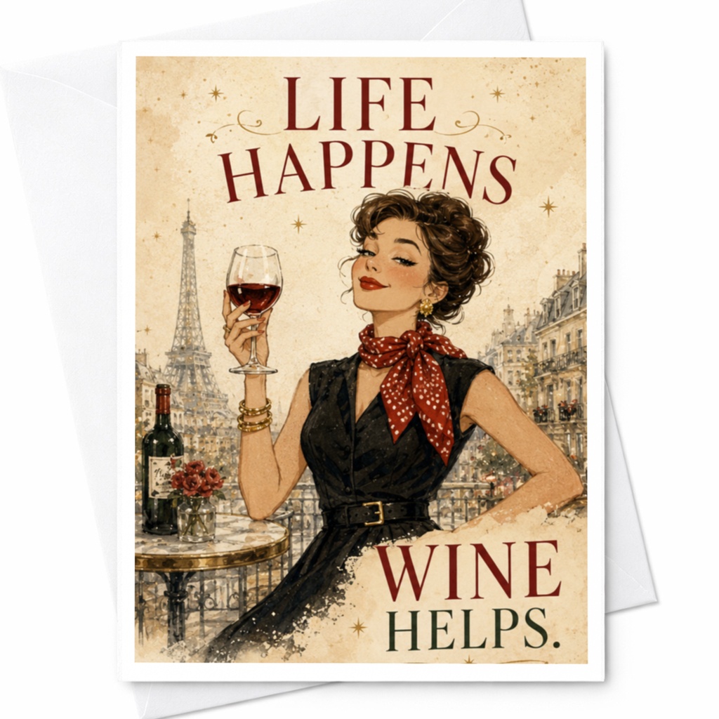 Life Happens Wine Helps. Funny Greeting Card Everyday Wine Lover Parisian Style Card For Her Cute Illustration C6197