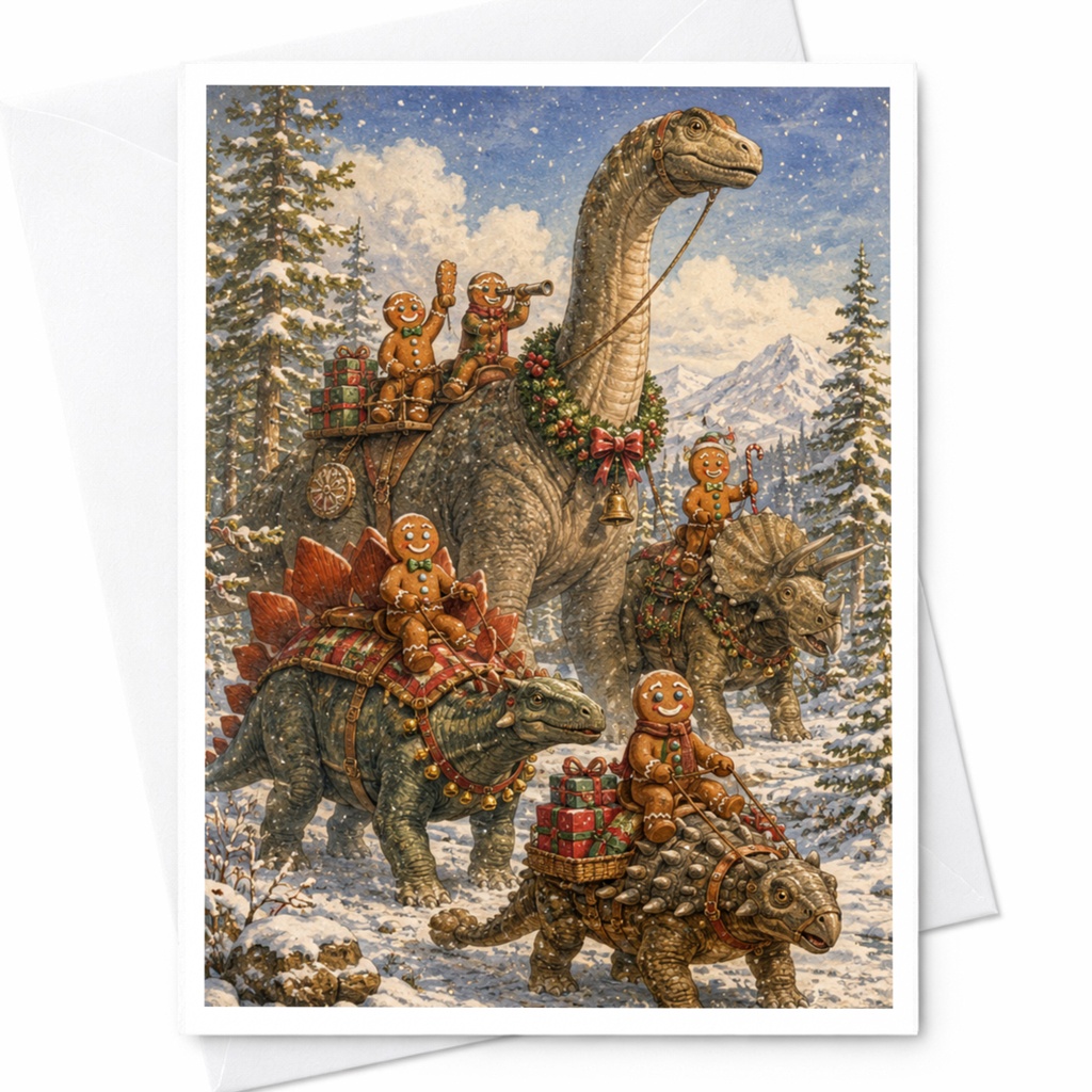 Gingerbread Dinosaurs Christmas Card Cute Holiday Greeting Card Festive Winter Scene For Kids Family Fun Dinosaur Lover C6204