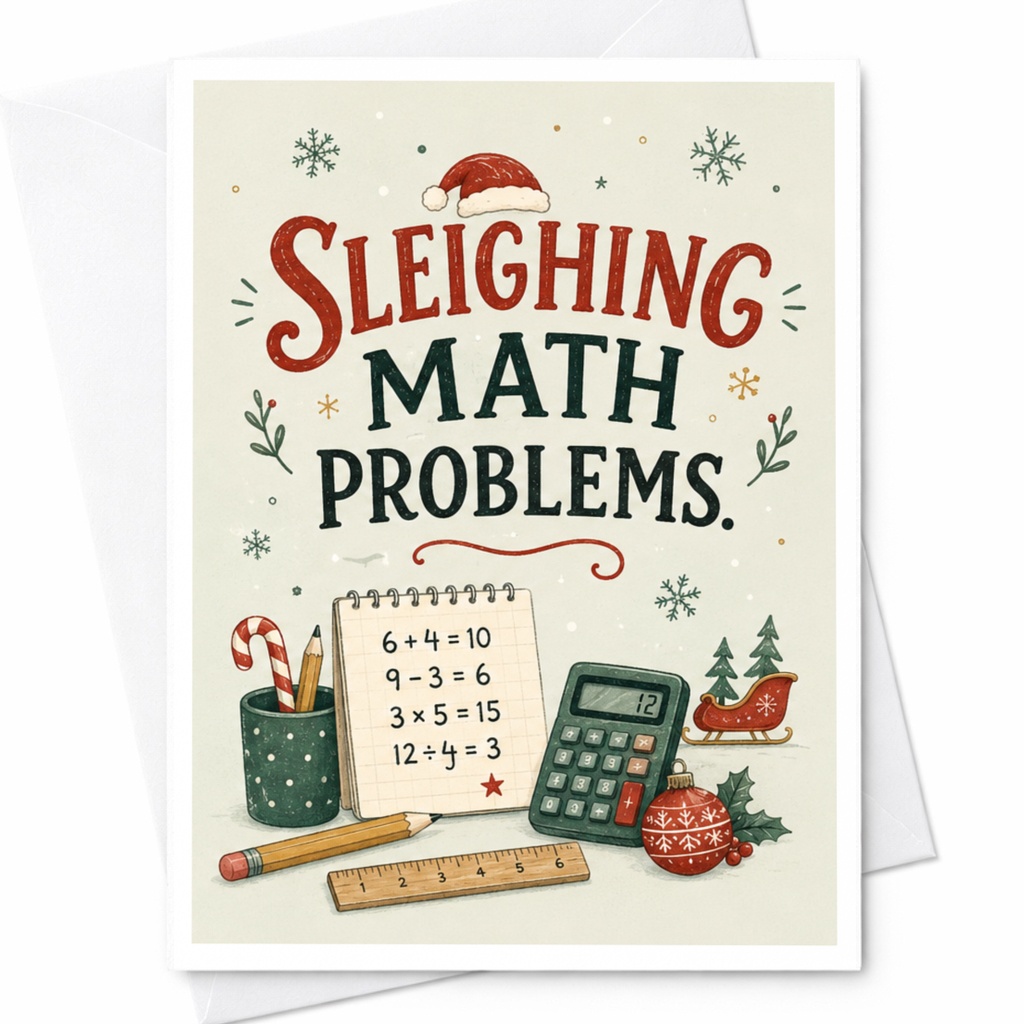 Sleighing Math Problems Christmas Card Funny Holiday Greeting Card For Teacher Math Lover Cute Festive Card With Santa Hat C6206