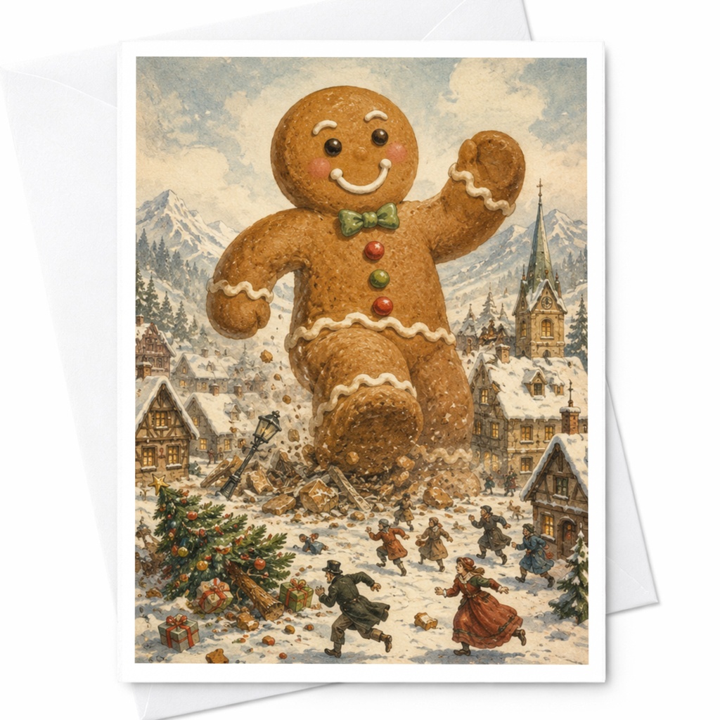 Giant Gingerbread Man Christmas Card Whimsical Holiday Greeting Card Winter Village Scene Cute Festive Card For Friends Family C6211