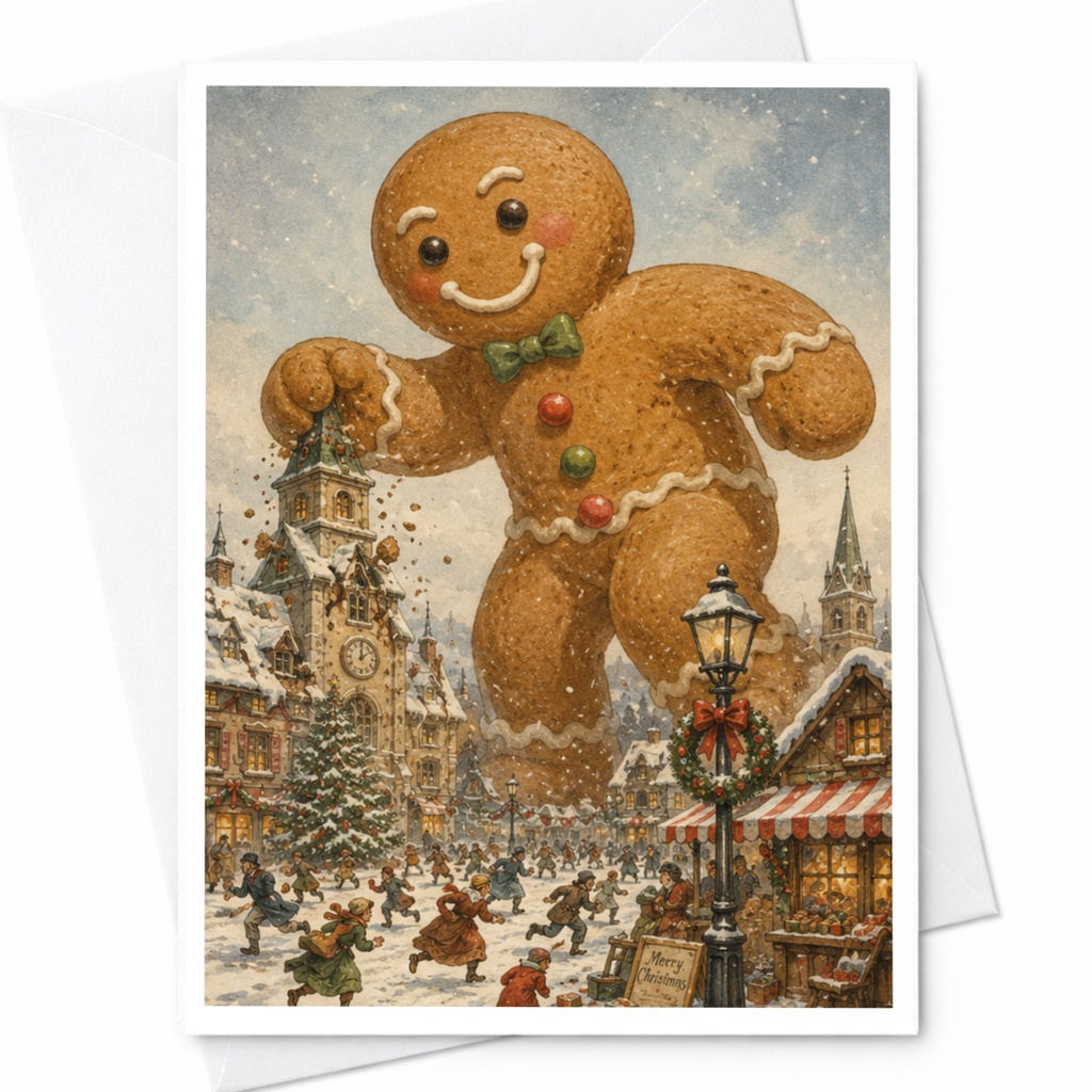Merry Christmas Card Giant Gingerbread Man Holiday Greeting Card Cute Winter Scene Festive Christmas Card For Family Friends C6212