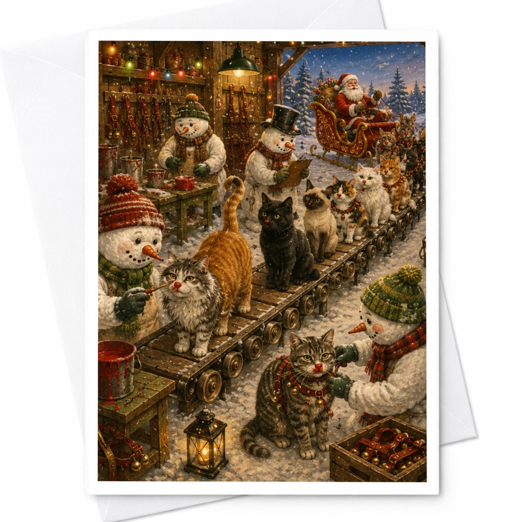 Christmas Card Snowmen Painting Cats Santa Sleigh Cute Holiday Greeting Card For Cat Lover Festive Winter Scene C6215