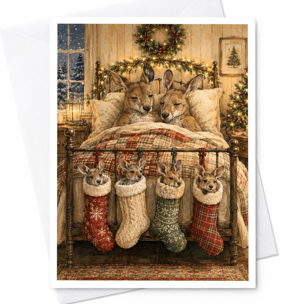 Kangaroo Family Christmas Card Cute Animal Holiday Greeting Card Festive Stockings Cozy Winter Scene For Animal Lover C6218