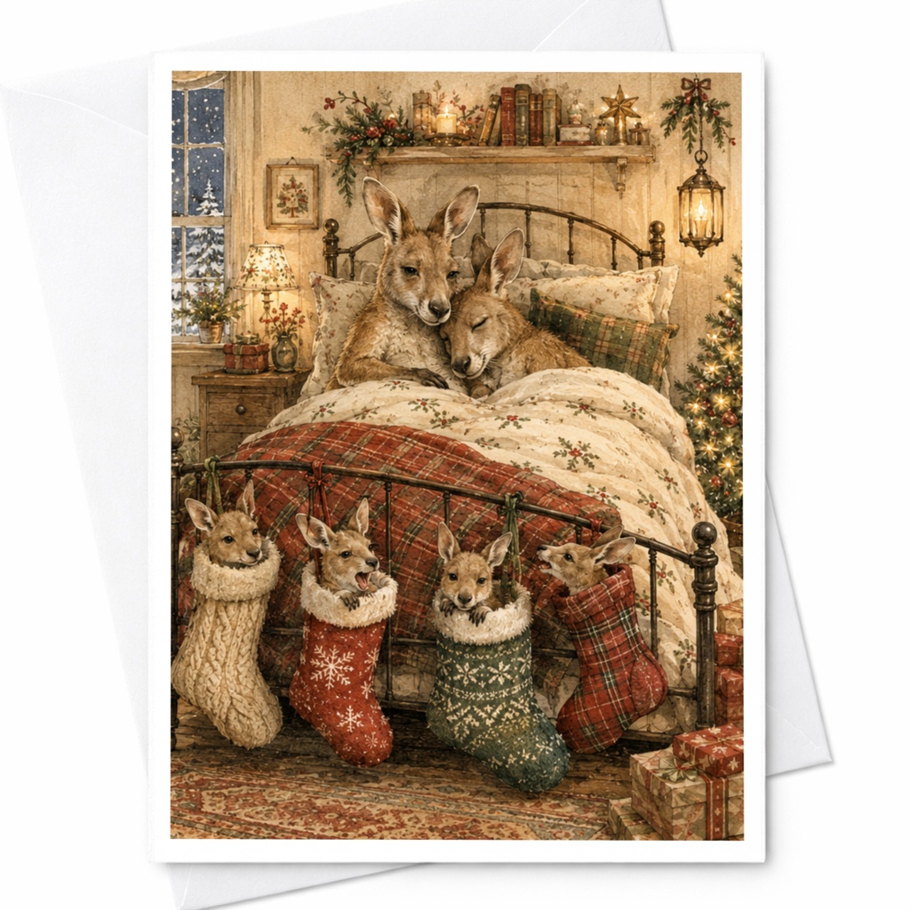 Kangaroo Family Christmas Card Cute Animal Holiday Greeting Card Festive Stockings Cozy Winter Scene For Animal Lover C6219