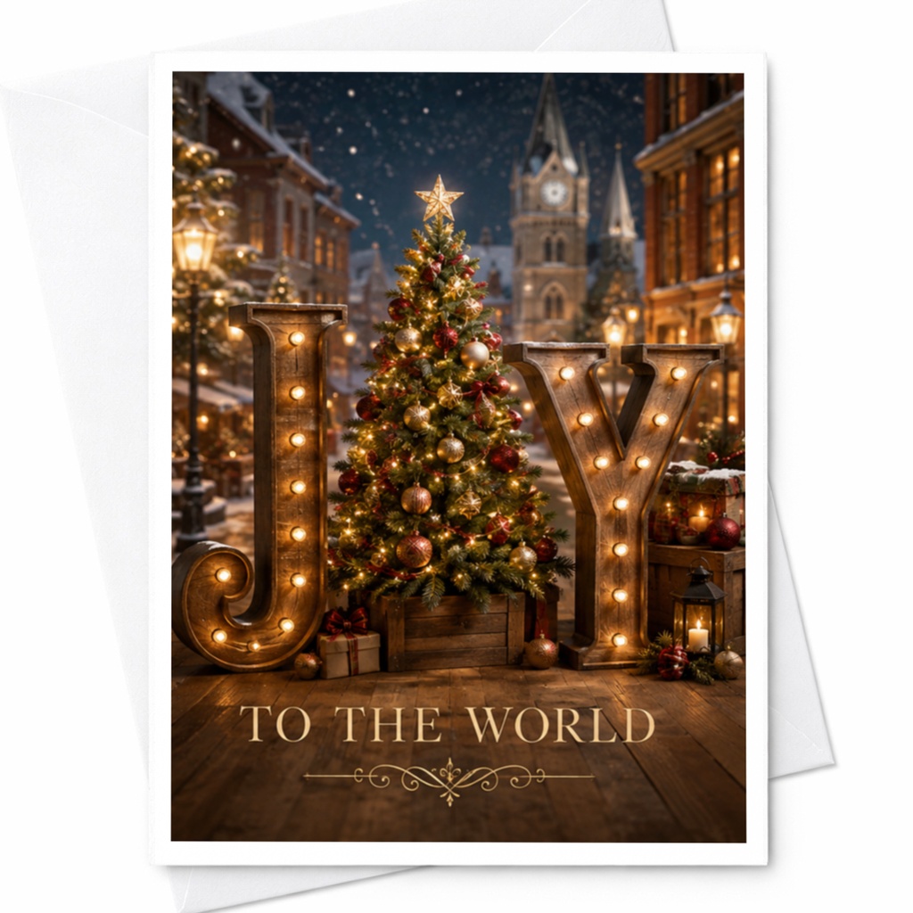 Joy To The World Christmas Card Festive Holiday Greeting Card With Tree Lights For Family Friends Seasonal Celebration C6225