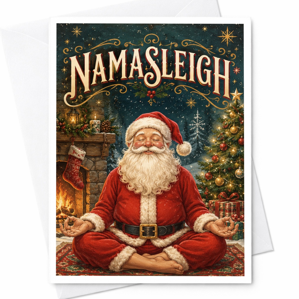 Namasleigh Funny Christmas Card Santa Meditating Holiday Greeting Card Yoga Lover Festive Xmas Card C6227