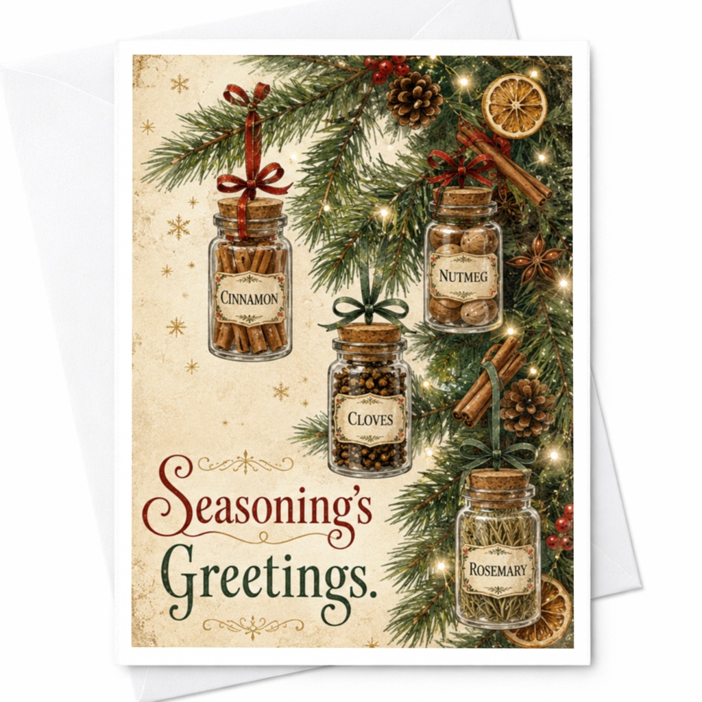 Seasoning's Greetings Christmas Card Holiday Spice Jars Festive Greeting Card For Food Lovers Cute Seasonal Card C6229