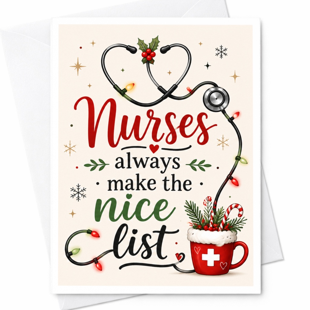 Nurses Always Make The Nice List Christmas Card Holiday Greeting Card For Nurse Cute Stethoscope Festive Holiday Card C6235