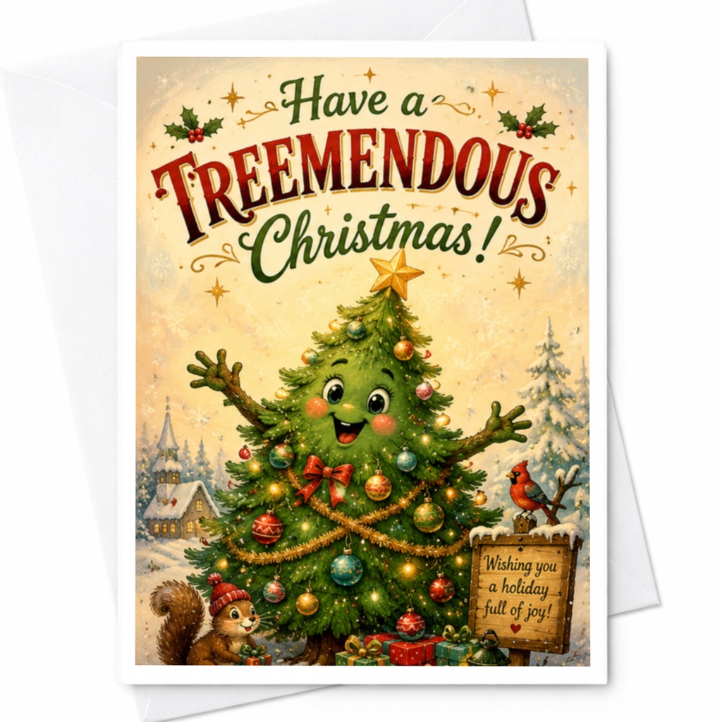 Have A Treemendous Christmas! Cute Christmas Card Festive Holiday Greeting Card For Family Friends Joyful Tree C6246