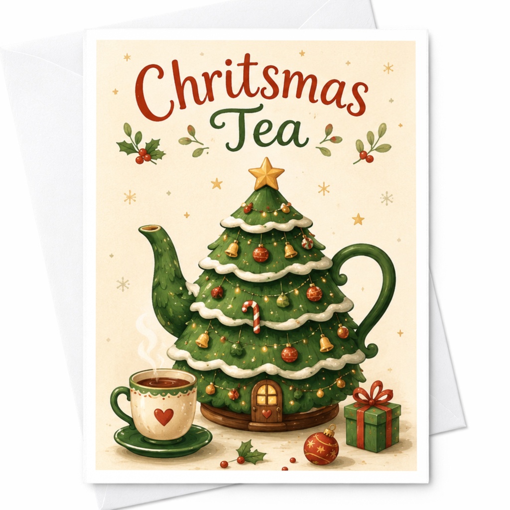Christmas Tea Christmas Card Festive Holiday Greeting Card Cute Teapot For Tea Lovers Seasonal Card With Gift C6249