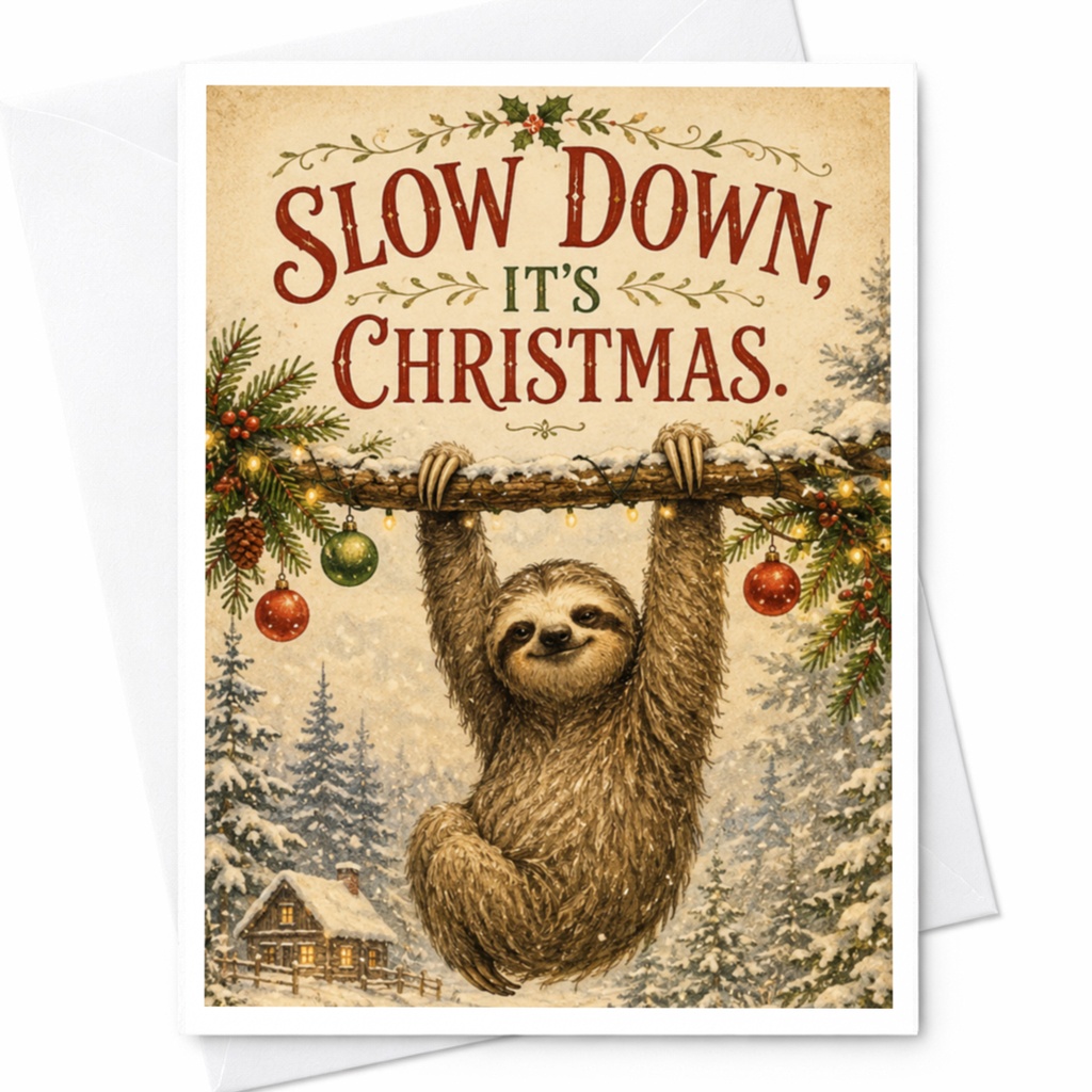 Slow Down, It's Christmas. Funny Sloth Christmas Card Cute Holiday Greeting Card For Animal Lover Festive Winter Card C6251