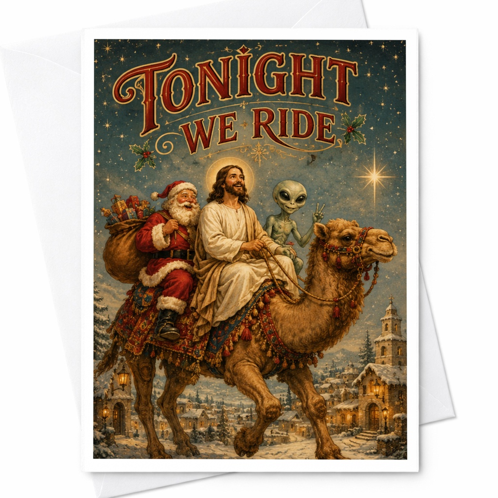 Tonight We Ride Funny Christmas Card Santa Jesus Alien Holiday Greeting Card Unique Xmas Card For Friends C6254