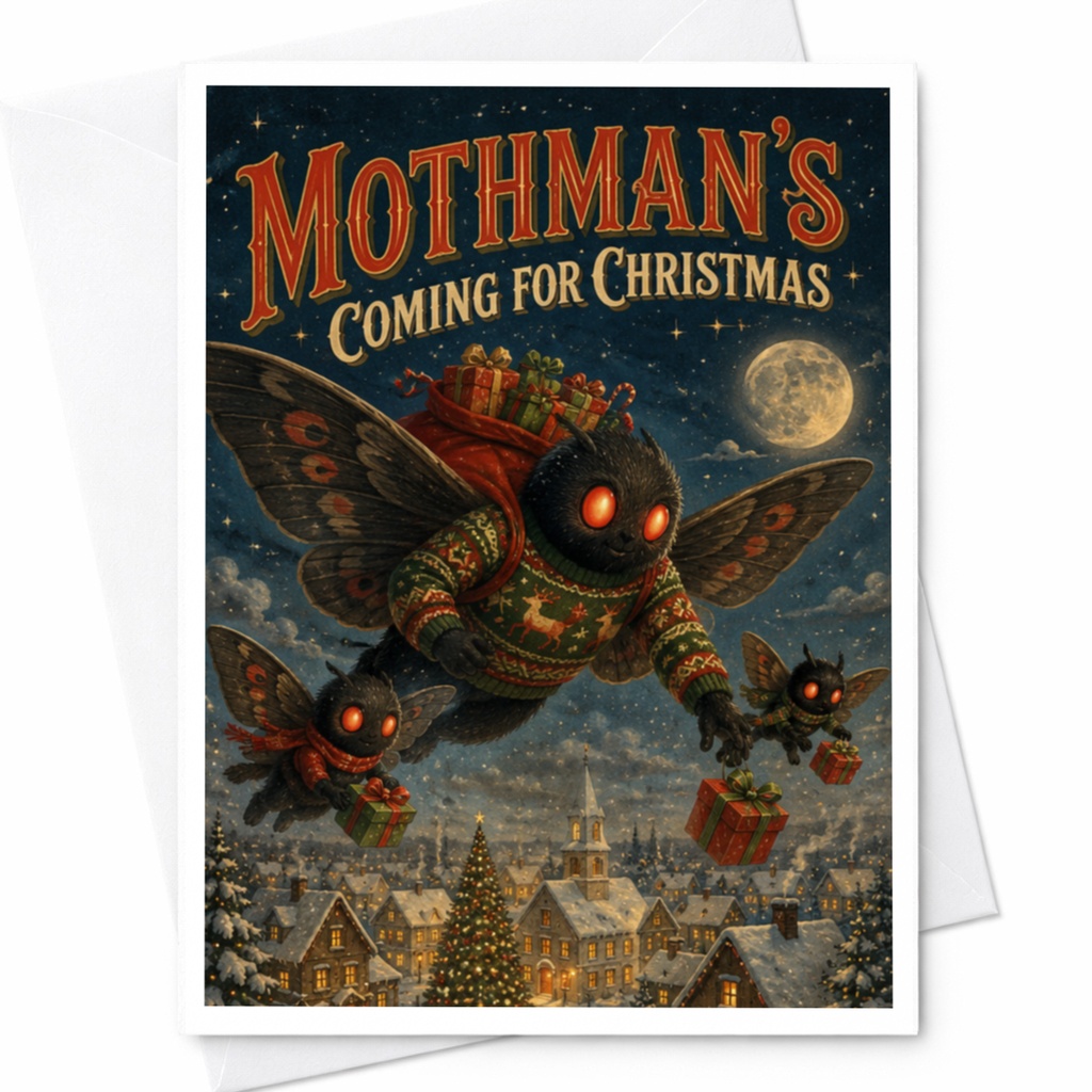 Mothman's Coming For Christmas Funny Christmas Card Mothman Holiday Greeting Card Cute Festive Card For Cryptid Lover C6140
