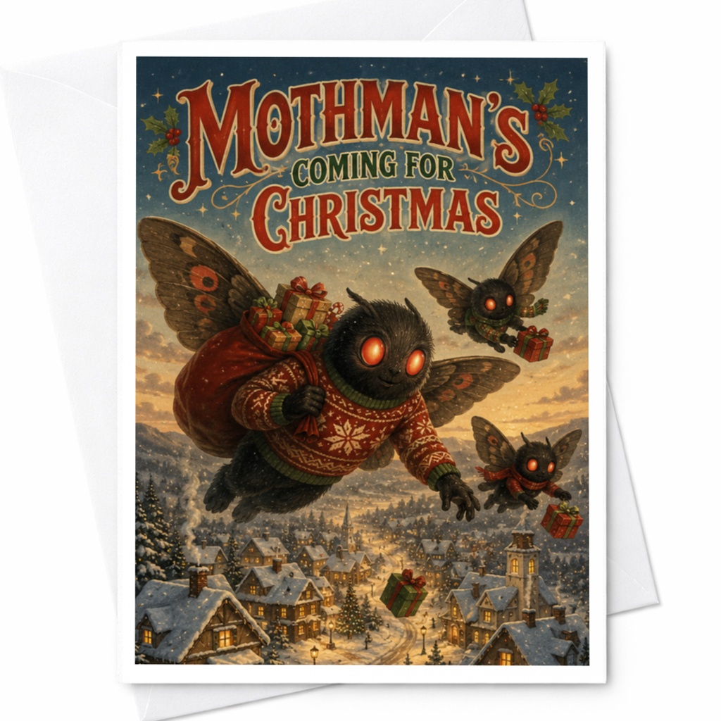 Mothman's Coming For Christmas Funny Christmas Card Mothman Holiday Greeting Card Cute Festive Card For Friends Family C6141