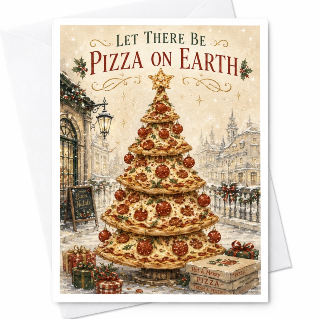 Let There Be Pizza On Earth Funny Christmas Card Pizza Lovers Holiday Greeting Card Cute Festive Card For Foodies C6142