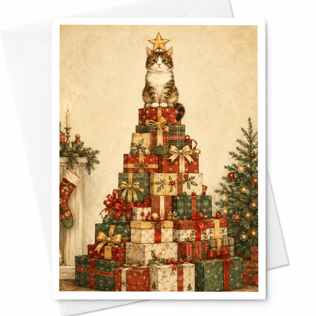 Cat On Gift Stack Christmas Card Cute Holiday Greeting Card For Cat Lover Festive Animal Card With Presents And Tree C6153