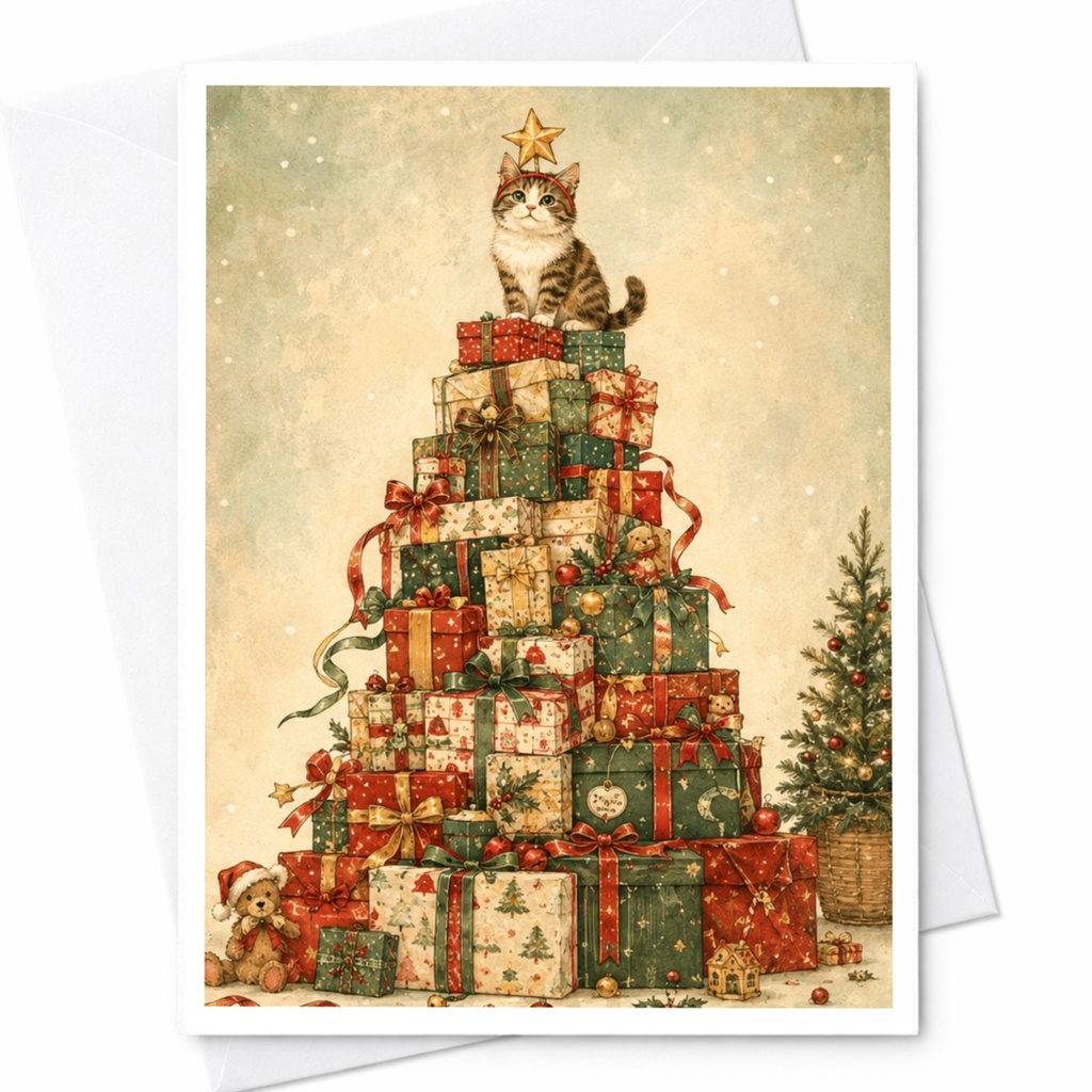 Cat On Gift Stack Christmas Card Cute Holiday Greeting Card For Cat Lover Festive Animal Card With Presents And Star C6154
