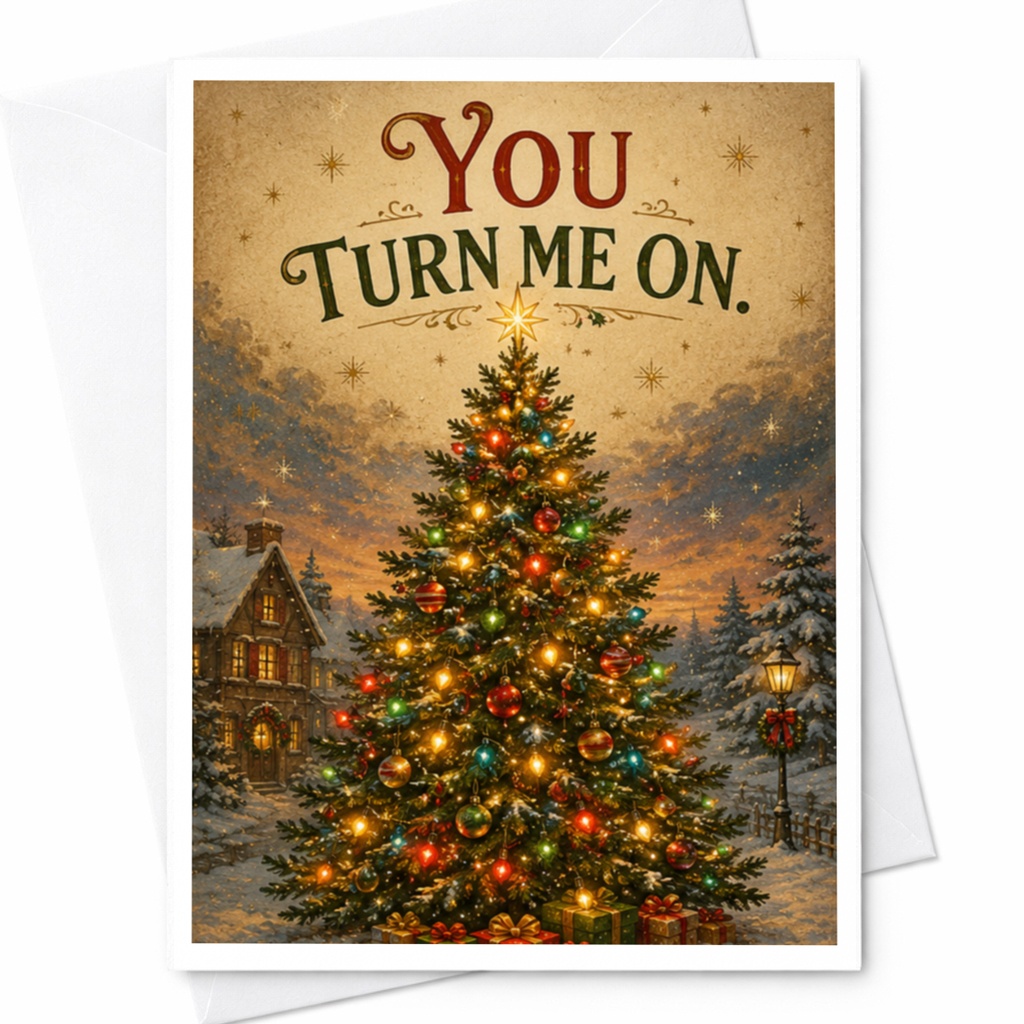 You Turn Me On. Funny Christmas Card Holiday Greeting Card For Him Her Romantic Xmas Tree Lights Cute Festive Card C6161