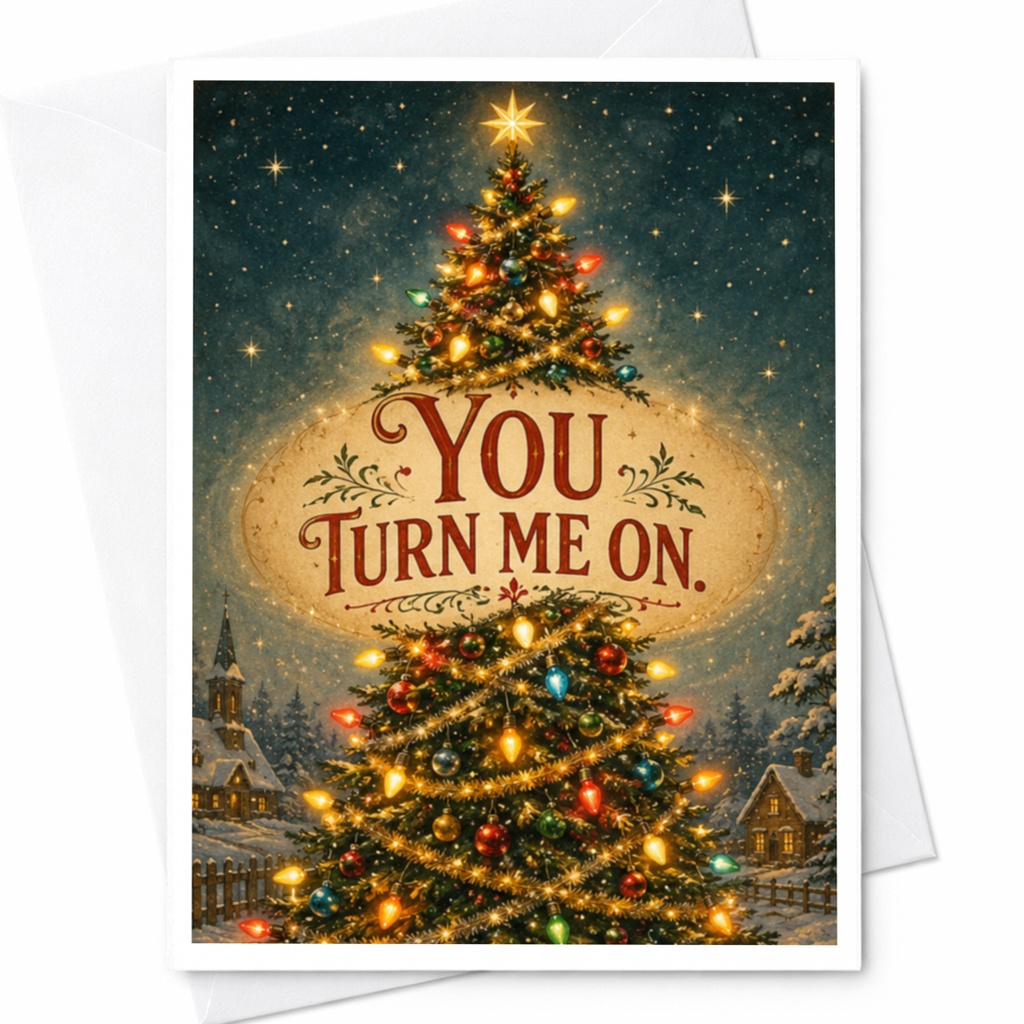 You Turn Me On. Funny Christmas Card Romantic Holiday Greeting Card For Partner Cute Christmas Tree Lights Card C6162