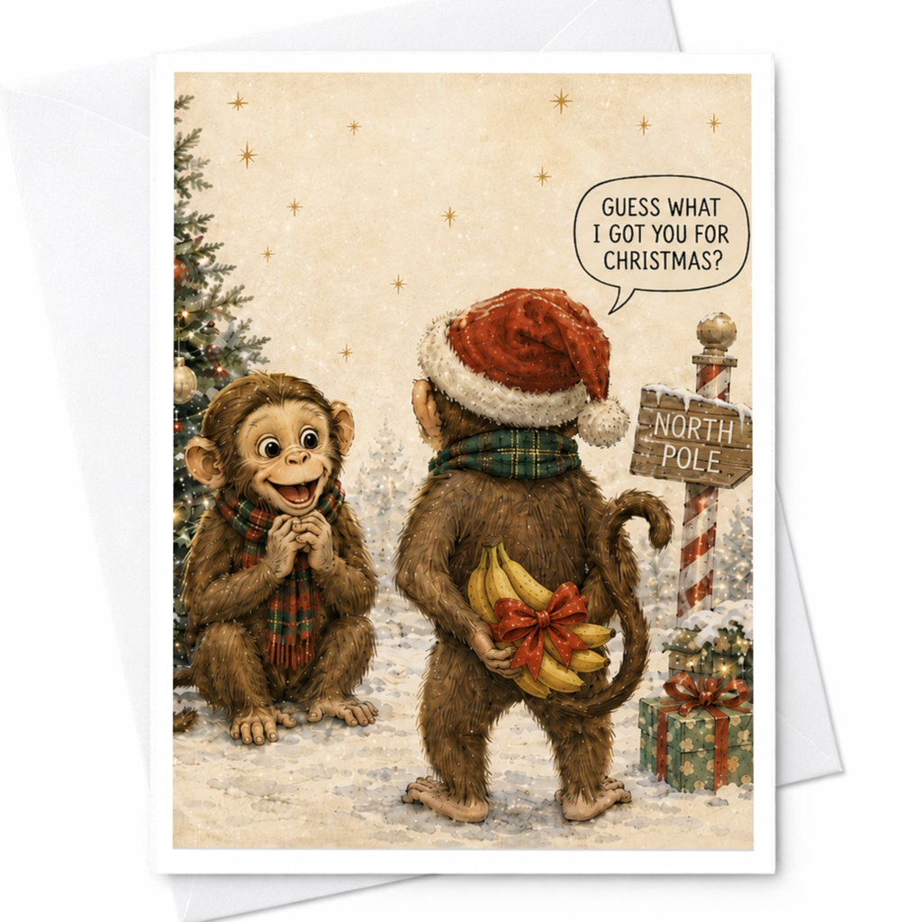 Guess What I Got You For Christmas? Funny Christmas Card Monkeys Holiday Greeting Card Cute Animal For Kids Family C6164