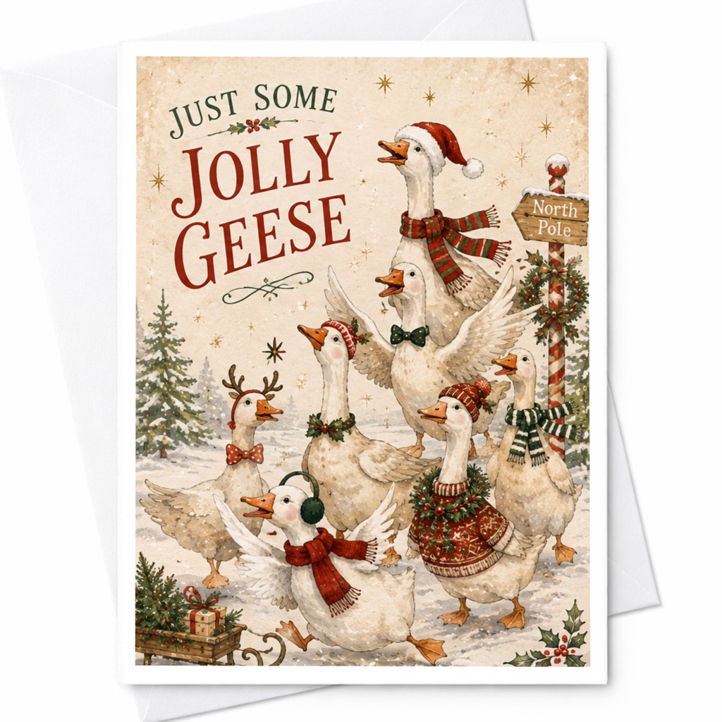 Just Some Jolly Geese Christmas Card Festive Holiday Greeting Card Cute Geese Illustration Winter Scene For Animal Lover C6166