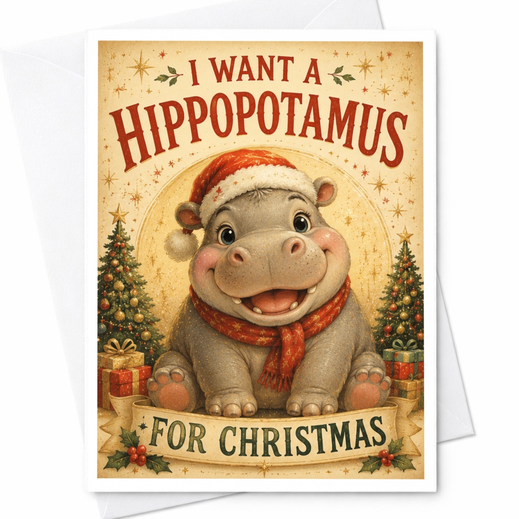 I Want A Hippopotamus For Christmas Cute Christmas Card Funny Holiday Greeting Card Animal Lover Festive Card For Kids C6169