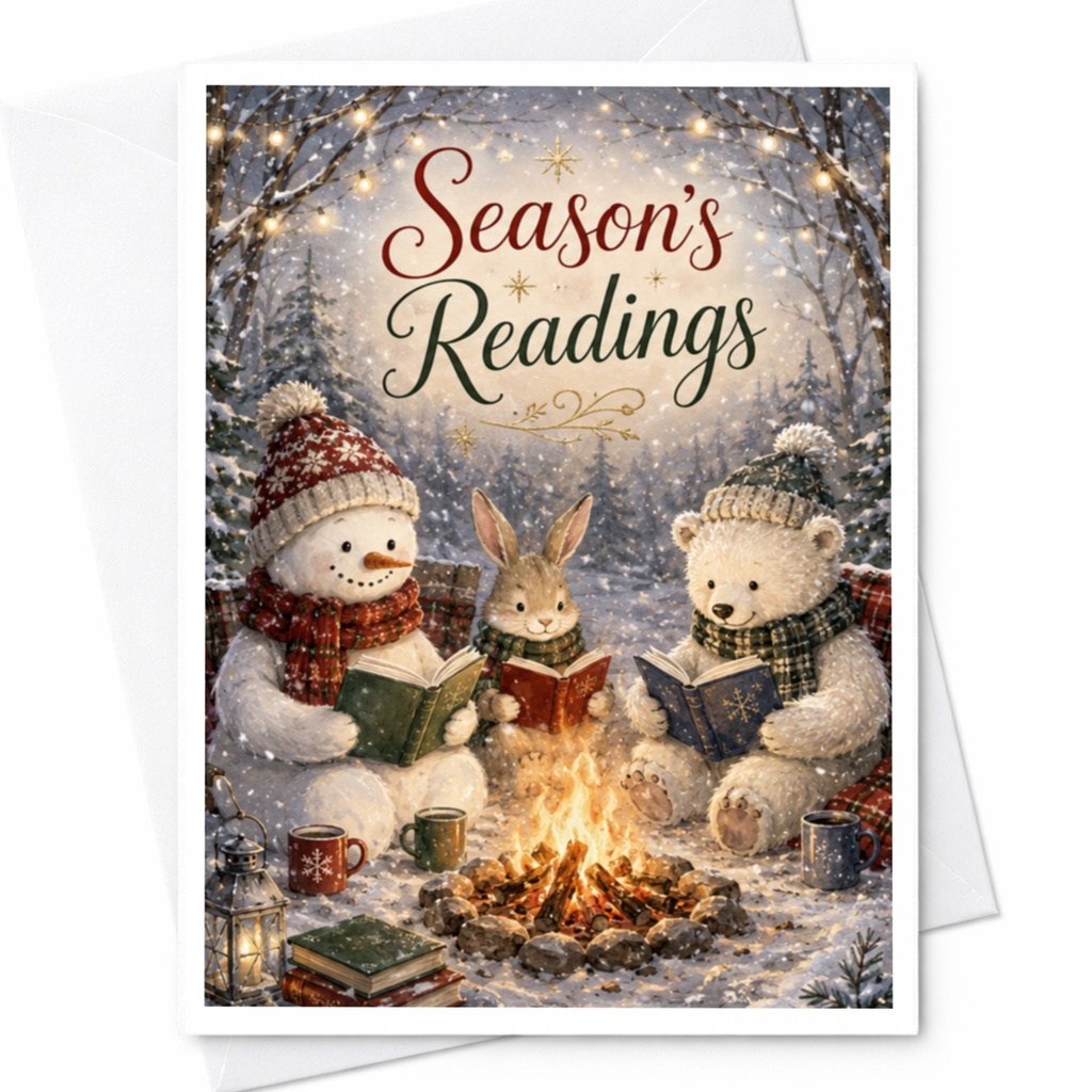 Season's Readings Christmas Card Cute Snowman Rabbit Bear Winter Scene Holiday Greeting Card Cozy Campfire Illustration C6171