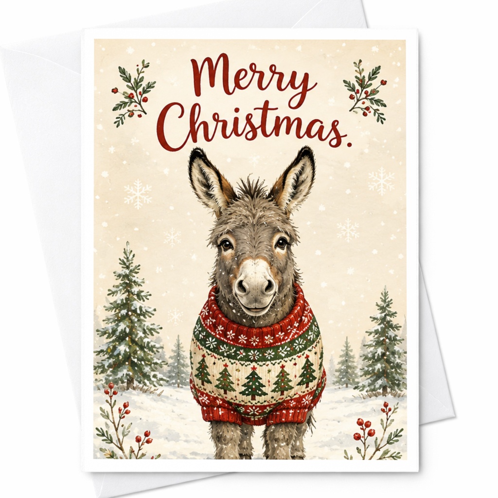 Merry Christmas Cute Donkey Card Festive Sweater Holiday Greeting Card Animal Lover Christmas Card For Her Him C6183