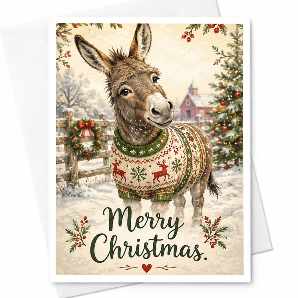 Merry Christmas Cute Donkey In Festive Sweater Christmas Card Holiday Greeting Card Animal Lover Funny Xmas Card C6184